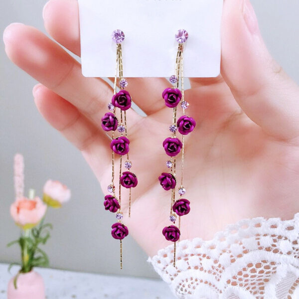 Flower Long Earrings Wild Red Rose Flower Long Rhinestone Tassel Earrings Earrings - Image 2