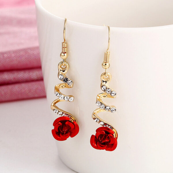 Flower Long Earrings Wild Red Rose Flower Long Rhinestone Tassel Earrings Earrings - Image 3