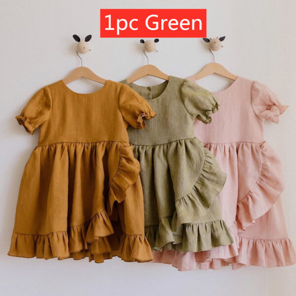 Girls' Dresses, Princess Dresses, Cotton And Linen Short-sleeved Ruffles - Image 7