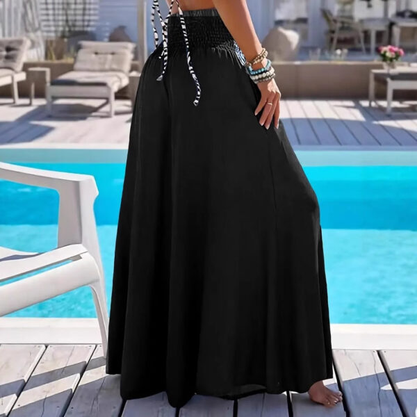 Solid Color High Waist Smocking Ice Silk Wide Leg Trousers - Image 4