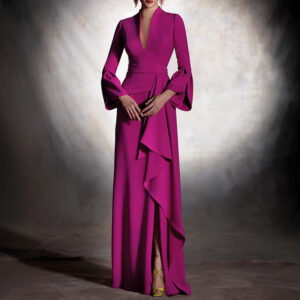 Casual Solid Color A- Line Slim Deep V-neck Evening Dress