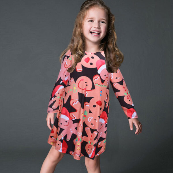 Fashion Casual Santa Printed Long Sleeve Girls Dress - Image 3