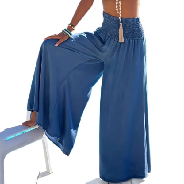 Solid Color High Waist Smocking Ice Silk Wide Leg Trousers - Image 5