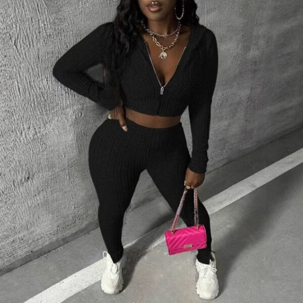 Casual Solid Color Knitted Long-sleeved Two-piece Set - Image 4