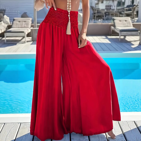Solid Color High Waist Smocking Ice Silk Wide Leg Trousers - Image 3