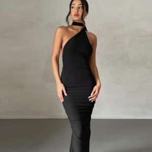 Women's Fashion Plain Sling Collar Tight Dress