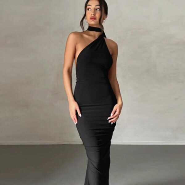 Women's Fashion Plain Sling Collar Tight Dress