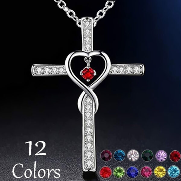 Infinity Love God We Trust Christian Cross Birthstone Crystal Pendant Necklace Colour Gems Zircon Heart Necklace Women Jewelry - Image 2