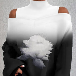 Turtleneck Off-the-shoulder Long Sleeve Printed Top