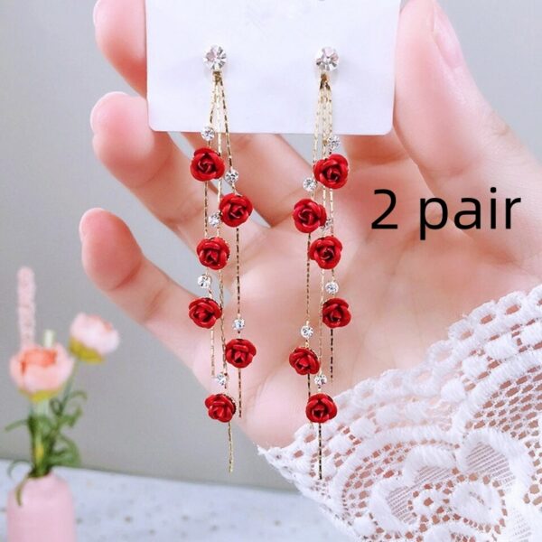 Flower Long Earrings Wild Red Rose Flower Long Rhinestone Tassel Earrings Earrings - Image 8