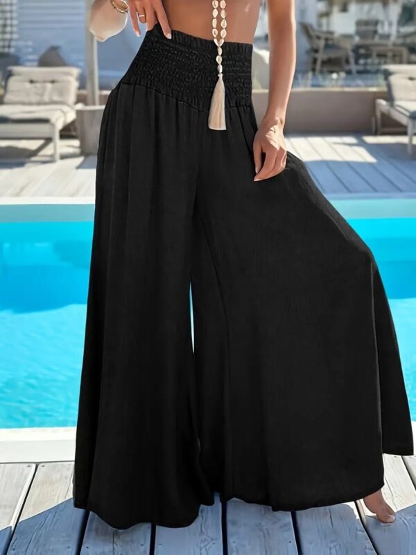 Solid Color High Waist Smocking Ice Silk Wide Leg Trousers - Image 6