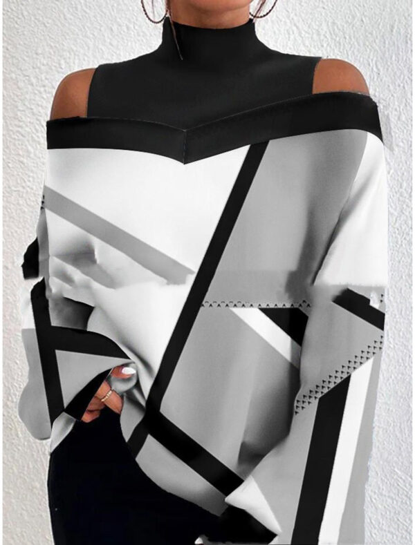 Turtleneck Off-the-shoulder Long Sleeve Printed Top - Image 10