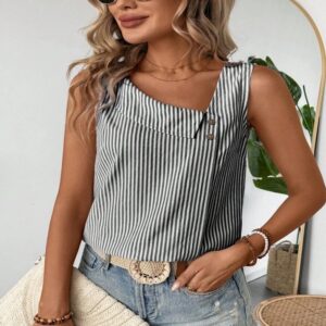 Casual Diagonal Collar Sleeveless Multi-color Stripe Women's Top