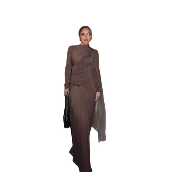 Solid Color Slim Fit Pleated Long Sleeve Dress - Image 5
