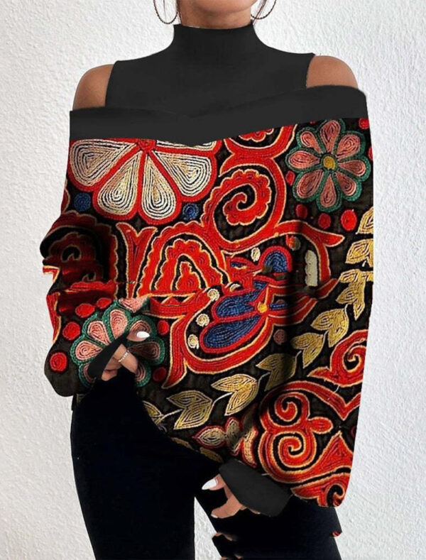 Turtleneck Off-the-shoulder Long Sleeve Printed Top - Image 9