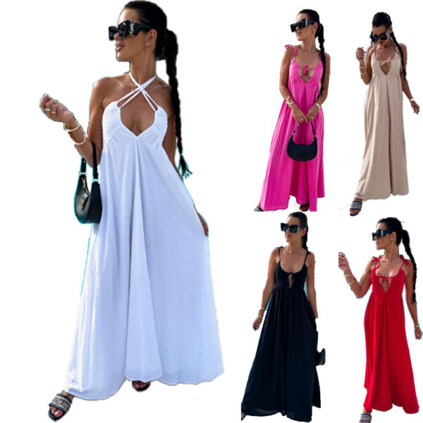 Women's Solid Color Jacquard Sling Deep V Sexy Loose Dress - Image 2