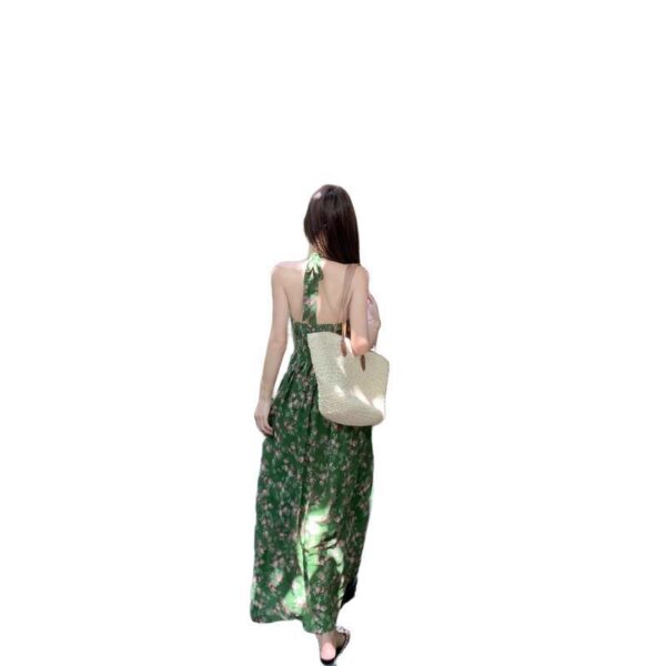 Retro Green Shivering Halter Vacation Style V-neck Tight Waist Dress - Image 6