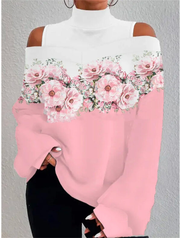 Turtleneck Off-the-shoulder Long Sleeve Printed Top - Image 4