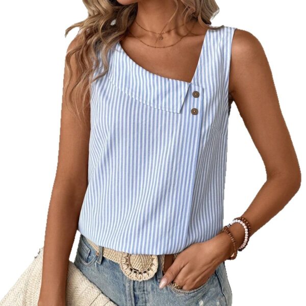 Casual Diagonal Collar Sleeveless Multi-color Stripe Women's Top - Image 2