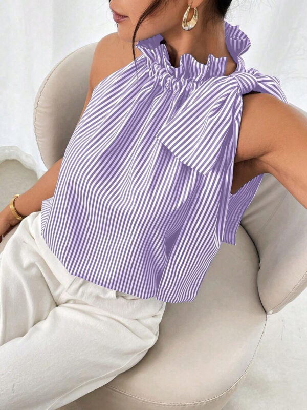 Fashion Casual Sleeveless Striped Lace Turtleneck Top - Image 3