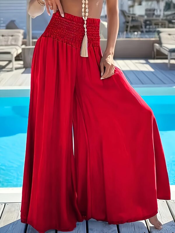 Solid Color High Waist Smocking Ice Silk Wide Leg Trousers - Image 7